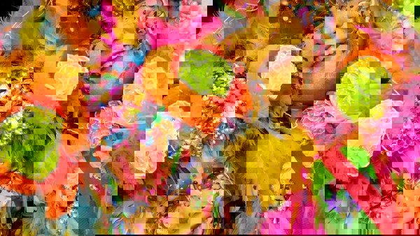 Twee lachende feestelijk geschminkte gezichten tijdens carnaval. Twee lachende feestelijk geschminkte gezichten tijdens carnaval.