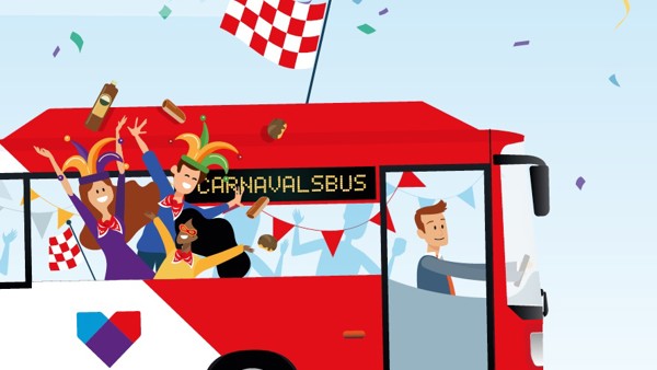Illustratie van een roodwitte Arriva-bus met daarin feestende mensen en 'Carnavalsbus'. Illustratie van een roodwitte Arriva-bus met daarin feestende mensen en 'Carnavalsbus'.