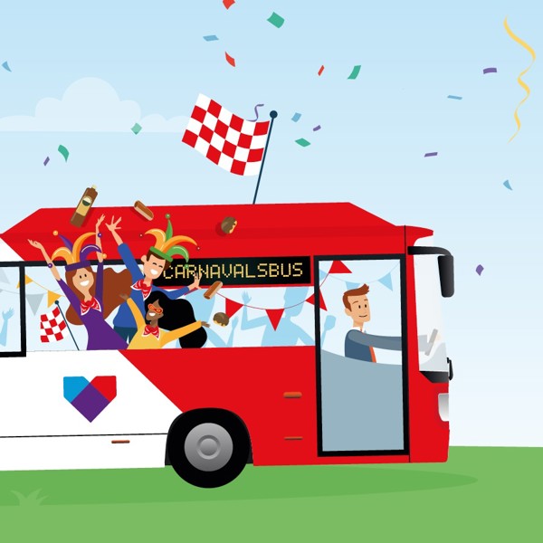 Illustratie van een roodwitte Arriva-bus met daarin feestende mensen en 'Carnavalsbus'. Illustratie van een roodwitte Arriva-bus met daarin feestende mensen en 'Carnavalsbus'.