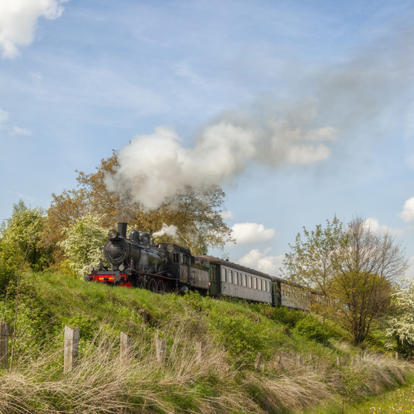 Een ouderwetse zwarte stoomtrein rijdt door een groen Limburgs landschap. Een ouderwetse zwarte stoomtrein rijdt door een groen Limburgs landschap.