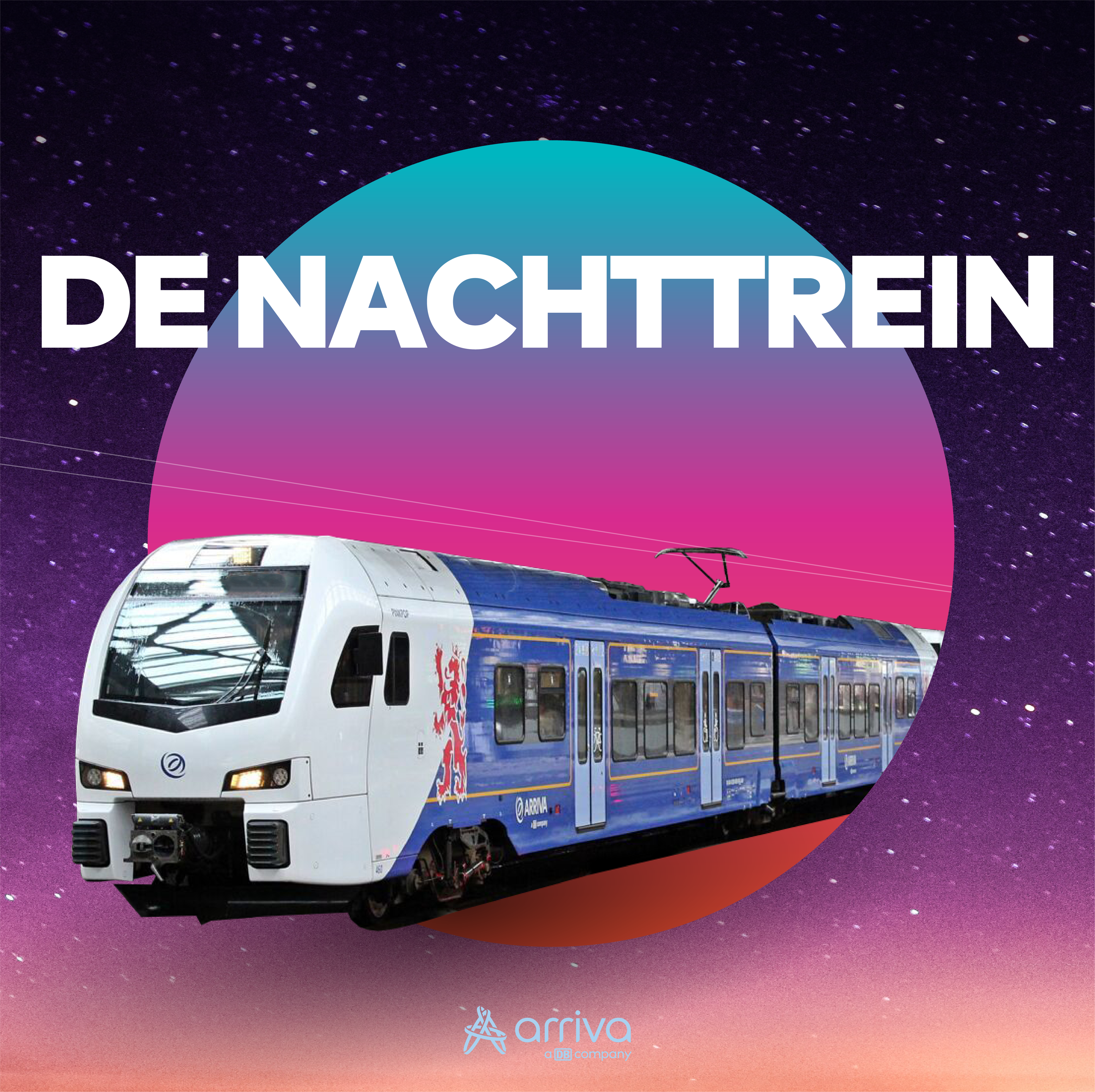 Futuristisch beeld van een Arrivatrein die uit een sterrenhemel komt rijden. 'De nachttrein' staat erboven.