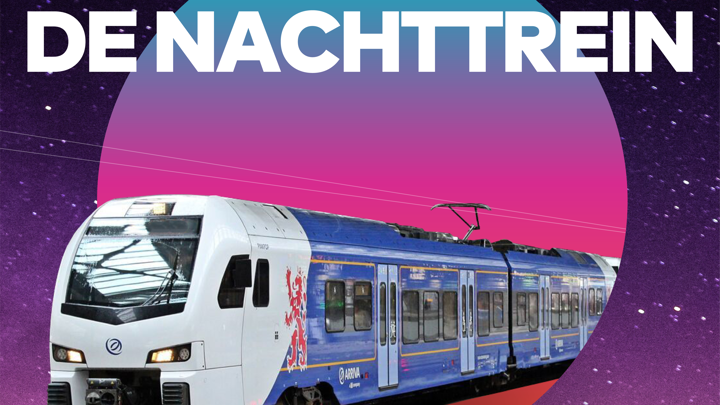Futuristisch beeld van een Arrivatrein die uit een sterrenhemel komt rijden. 'De nachttrein' staat erboven. Futuristisch beeld van een Arrivatrein die uit een sterrenhemel komt rijden. 'De nachttrein' staat erboven.