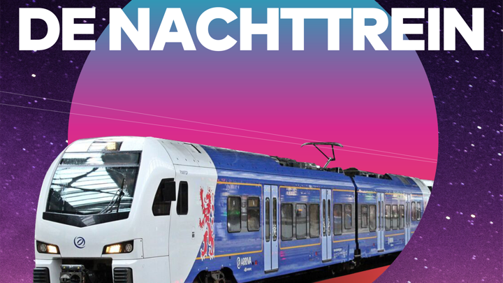 Futuristisch beeld van een Arrivatrein die uit een sterrenhemel komt rijden. 'De nachttrein' staat erboven. Futuristisch beeld van een Arrivatrein die uit een sterrenhemel komt rijden. 'De nachttrein' staat erboven.