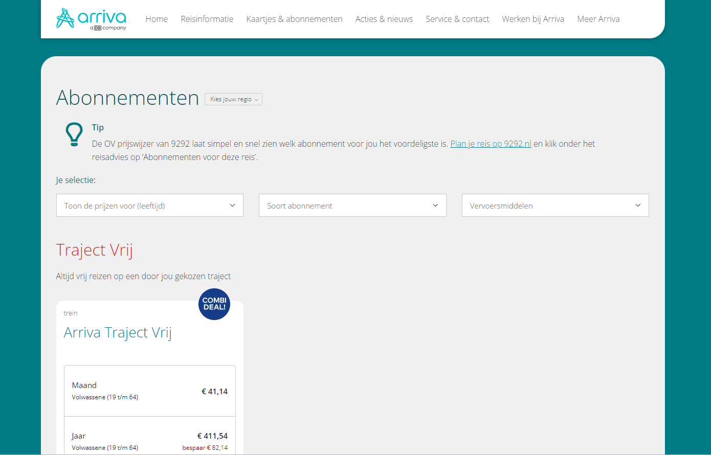 Screenshot van de Arriva Abonnememtenshop waar je abonnementen voor het vervoer bij Arriva kunt afsluiten.