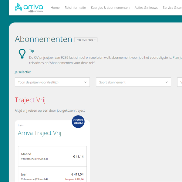 Screenshot van de Arriva Abonnememtenshop waar je abonnementen voor het vervoer bij Arriva kunt afsluiten. Screenshot van de Arriva Abonnememtenshop waar je abonnementen voor het vervoer bij Arriva kunt afsluiten.