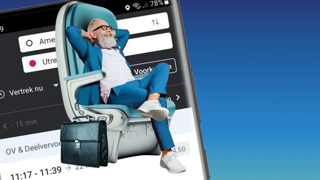 Achtergrond: Groot weergegeven telefoon met Arriva-reisplanner. Voorgrond: Man met baard en in pak ontspannen in Arriva-treinstoel met werktas. Achtergrond: Groot weergegeven telefoon met Arriva-reisplanner. Voorgrond: Man met baard en in pak ontspannen in Arriva-treinstoel met werktas.