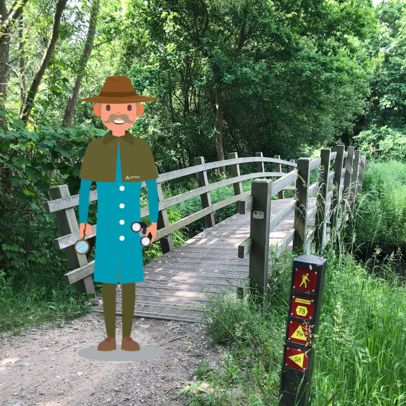 Een getekende man, verkleed als speurneus, staat in een natuurgebied.