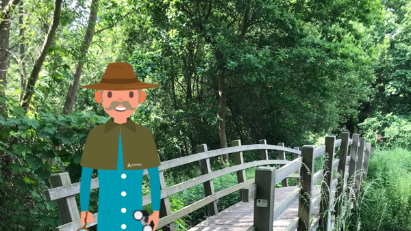Een getekende man, verkleed als speurneus, staat in een natuurgebied. Een getekende man, verkleed als speurneus, staat in een natuurgebied.