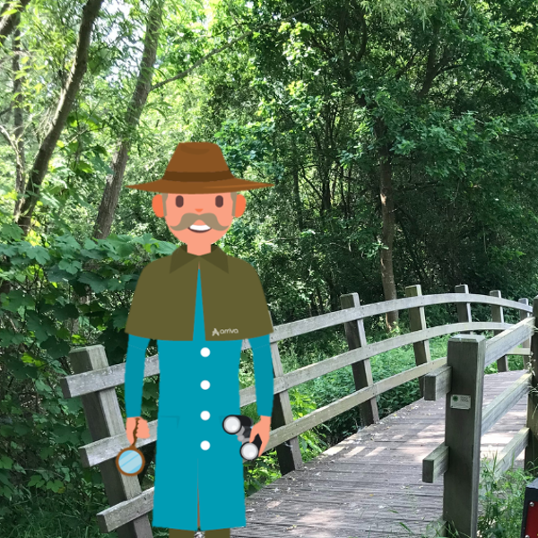 Een getekende man, verkleed als speurneus, staat in een natuurgebied. Een getekende man, verkleed als speurneus, staat in een natuurgebied.