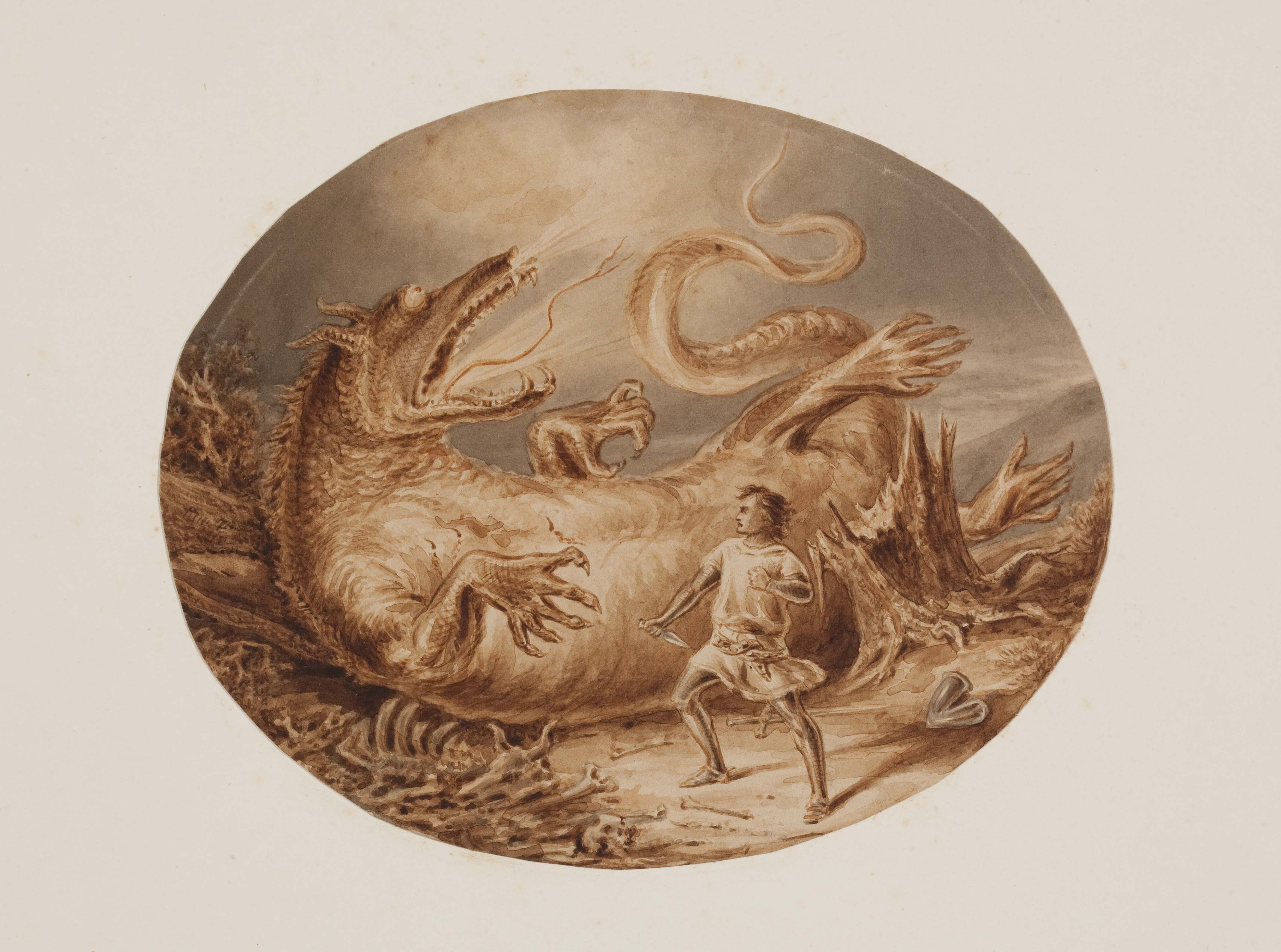 Een oude lijntekening van een draak en een persoon uit de sage Draak van Gelre