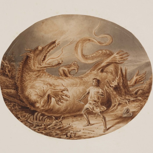 Een oude lijntekening van een draak en een persoon uit de sage Draak van Gelre Een oude lijntekening van een draak en een persoon uit de sage Draak van Gelre