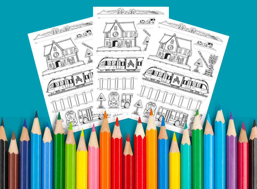 afbeelding met kleurpotloden met kleurplaat van Arriva