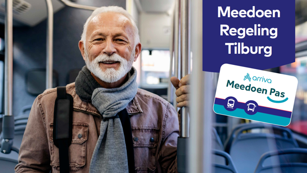 Vrolijke man met baard en in hip jasje staat in de bus, daarnaast staat 'Meedoen Regeling Tilburg, Arriva Meedoen Pas'. Vrolijke man met baard en in hip jasje staat in de bus, daarnaast staat 'Meedoen Regeling Tilburg, Arriva Meedoen Pas'.