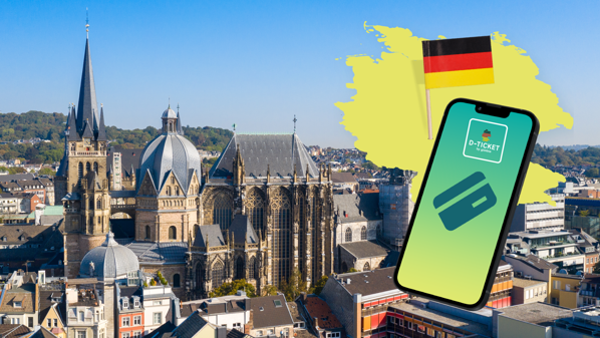 De Dom van Aachen (Aken) vanaf schuinboven gezien en een illustratie van een telefoon met daarop D-Ticket. De Dom van Aachen (Aken) vanaf schuinboven gezien en een illustratie van een telefoon met daarop D-Ticket.