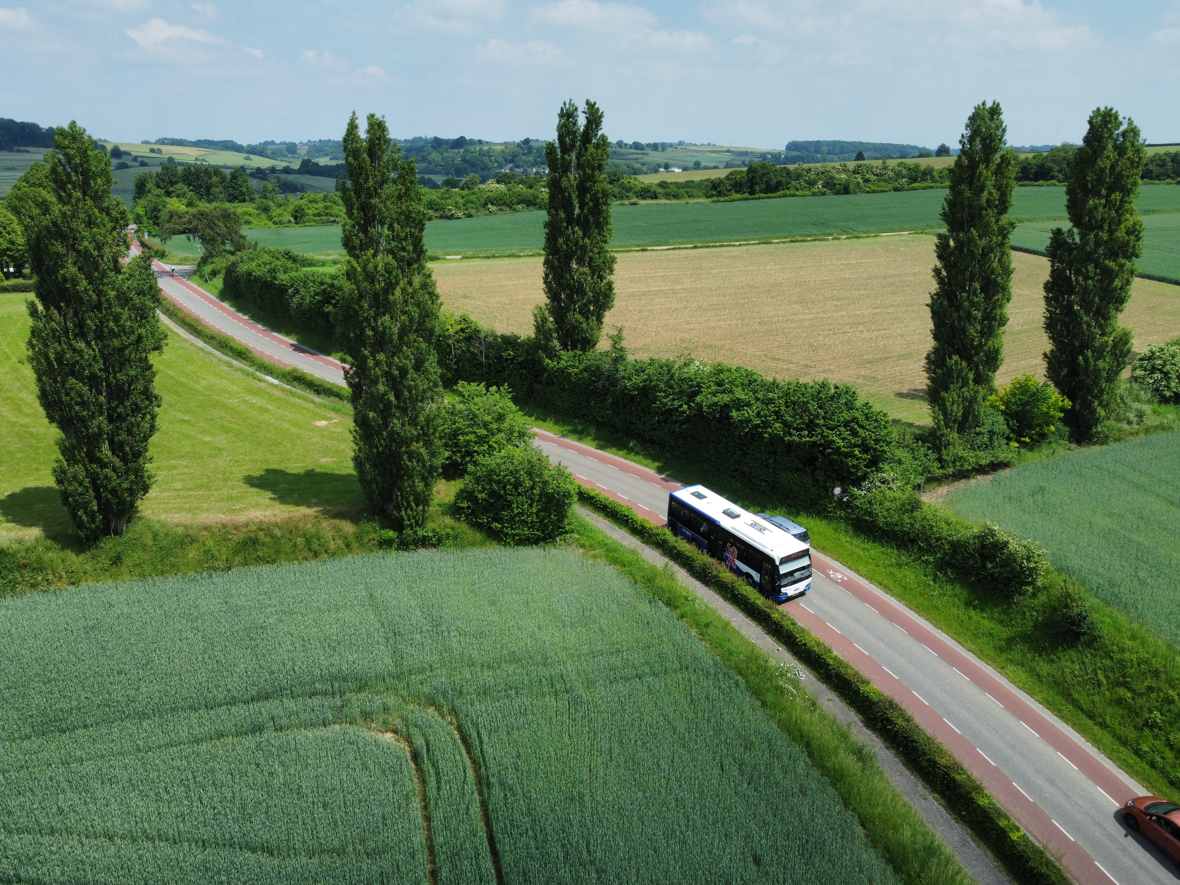 Bus van Arriva rijdt in heuvelachtig Limburgs landschap.