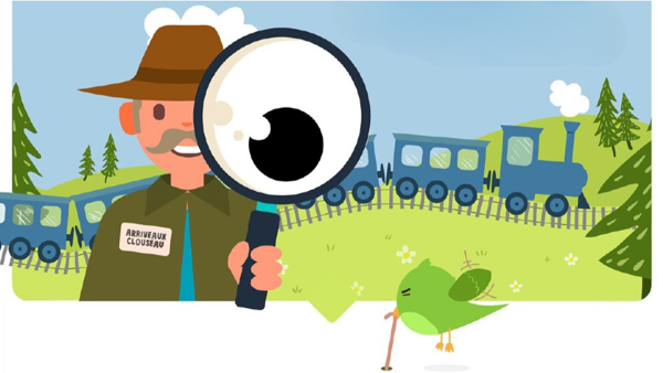 Tekening van een man met hoed die door een vergrootglas kijkt met een stoomtrein op de achtergrond. Tekening van een man met hoed die door een vergrootglas kijkt met een stoomtrein op de achtergrond.