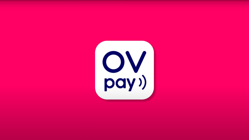 Roze vlak met daarin een wit vlak en het woord OV-pay. Roze vlak met daarin een wit vlak en het woord OV-pay.